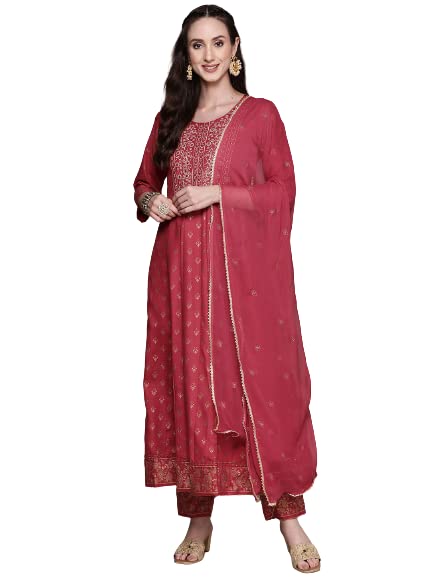 Anubhutee Women's Rayon Embroidered Mirror Work Anarkali Kurta Suit Set With Dupatta & Pants Abwsd2352_Fs_Xl_Fuchsia