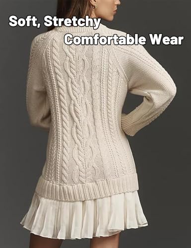 Women Crewneck Cable Knit Sweater Mini Dress, Long Sleeve A-Line Pleated, Cable Knit Sweater Dress Women3