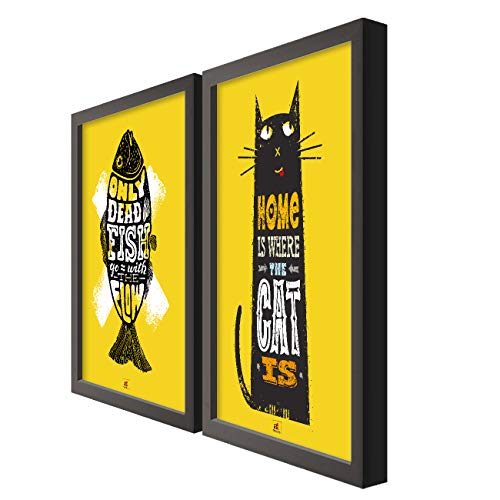 Image of PAINTINGMANTRA Motivational Quote Wall Art Painting for living room, cat motivational framed painting, set of 2, 13x18 Inch