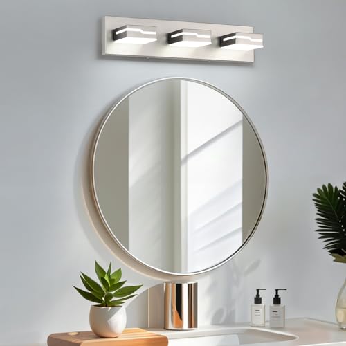 Image of LED Modern Bathroom Vanity Light Fixtures 3-Light, 19 inch Dimmable Nickel Vanity Lights for Bathroom Lighting Fixtures Over Mirror, with 350Rotatable Acrylic Heads(White Light 5500K)