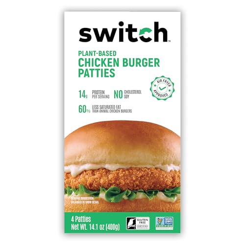 Switch Foods Plant-Based Chicken Burger Patties | Vegan | 14g Protein | Soy, Gluten, GMO, Allergen, & Dairy Free | Halal | 4 Patties | 14.1 Oz