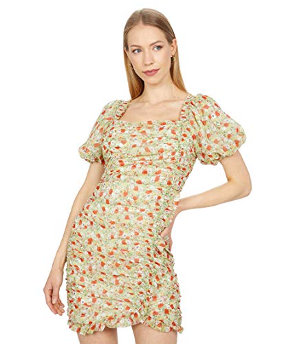 ASTR the label Women's Julianna Short Sleeve Squareneck Faux Wrap Mini Party Dress, Green Red Ditsy, M