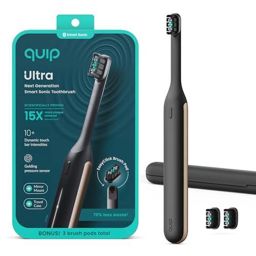 Quip Ultra Next Generation Smart Toothbrush - Timed Electric Toothbrush with Case - Replaceable Brush Head, Soft Bristles, Silicone Handle, 30-Day Battery Life - Travel Toothbrush - Eclipse Quip Ultra Next Generation Smart Toothbrush - Timed Electric Toothbrush with Case - Replaceable Brush Head, Soft Bristles, Silicone Handle, 30-Day Battery Life - Travel Toothbrush - Eclipse