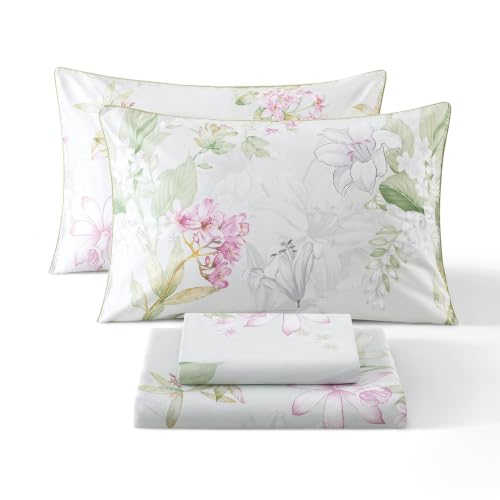Image of Sage Green Vintage Floral Percale Sheets Queen Size Deep Pocket | 100% Cotton Patterned Farmhouse Sheet Set, Shabby Flower Leaf Chic Toile Bed Sheets, French Country Bedding, Soft Crisp, 4Pcs