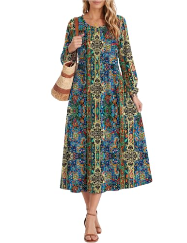 Image of Zeagoo Fall Dresses for Women Long Sleeve Midi Dress Casual A Line Dresses 2026 Pleated Flare Dress with Pockets