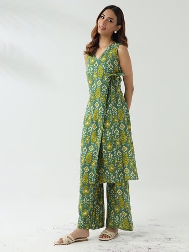 Image of FIORRA Women's Green Cotton Straight Kurta with Palazzo