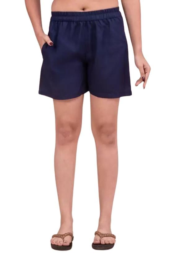 Image of Women's Cotton Regular Relaxed Fit Solid Print Design Thigh Length Casual Summer Running Yoga Gym Night Wear Shorts Elastic Waistband and Drawstring with Pocket