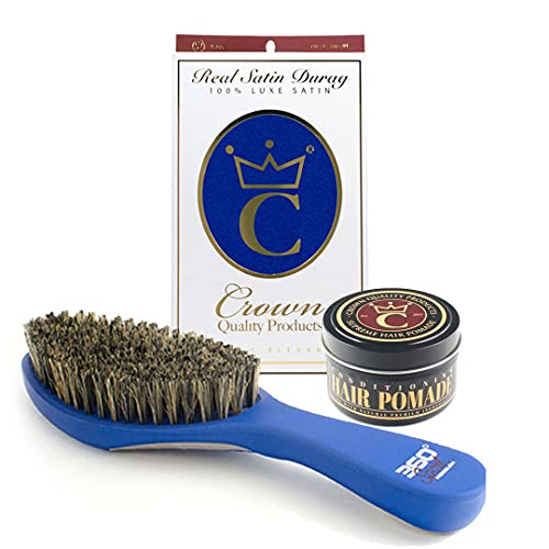 Crown Quality Products 360 Sport Wave Hair Brush Kit - Royal Blue and Light Gray - 100% Medium Boar Bristles