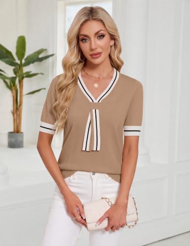 Image of Womens Knit Top Short Sleeve Sweater Work Summer Tops Cute Business Blouse | Lightweight Cute Bow Tie Sweater 2026 Chic V Neck Business Casual Outfits Tops
