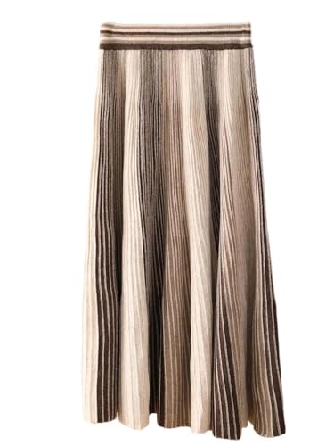 Women Contrast Color Skirts Elastic Waist Merino Wool A-Line Solid Pleated Skirt