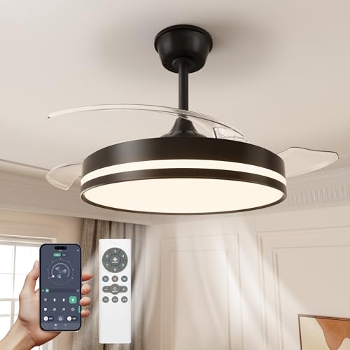 VOLISUN Ventilador de Techo con Luz LED Aspas Retráctiles, Silencioso Motor DC, CCT Regulable, Mando a Distancia y Temporizador - Lámpara Ventilador Moderna para Salón y Dormitorio (Negro, 106cm)