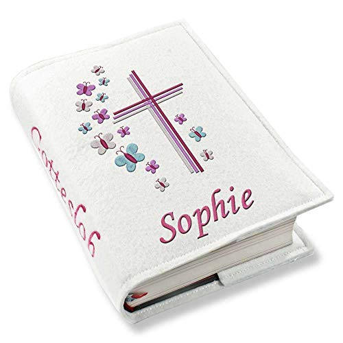 Gotteslob Gotteslobhülle Kreuz Schmetterlinge lila pink Filz mit Namen bestickt hellgrau weiß dunkelgrau blaugrau dunkelblau türkis maigrün flieder Mädchen, Farbe:weiß thumbnail