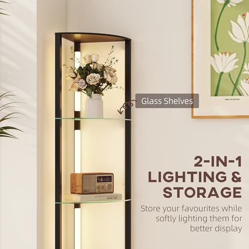 Lampada da Terra con Ripiani in Vetro e Luce LED, Lampada da Pavimento con 3 Livelli di Luminosità e Interruttore a Pedale, per Salotto e Soggiorno, Nero - Illuminazione - Immagine 3