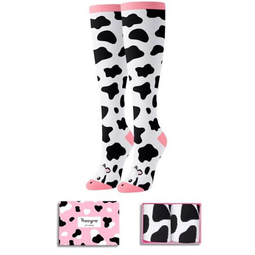 HAPPYPOP Cow Print Knee High Socks - Cute Cow Socks for Women Teen Girls Unique Gifts for Animal Lovers