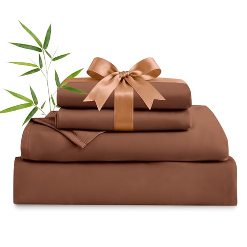 Image of MICORAL Queen Sheet Set, Rayon Derived from Bamboo Cooling Sheets for Queen Size Bed Set, Breathable & Soft, Deep Pocket Up to 16 inch, Hotel Luxury Silky Bedding for Hot Sleepers, Brown