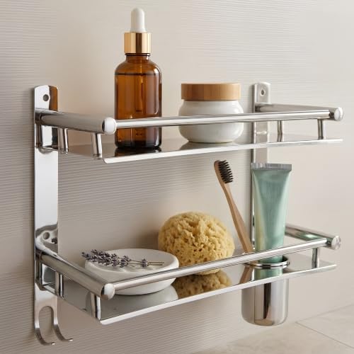 Image of GLOXY Premium 2 Tier Bathroom Stainless Steel Shelf with Toothbrush Holder, Soap Dish - Chrome Finish Wall Mounted 2 Layer Shelf with Multipurpose Hooks for Bathroom - Home Decor Bathroom Accessories