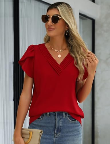 Fayenne Womens Tops Dressy Casual V Neck Ruffle Short Sleeve Blouse Business Casual Tops Chiffon Flowy Shirt Cute Summer Tops2
