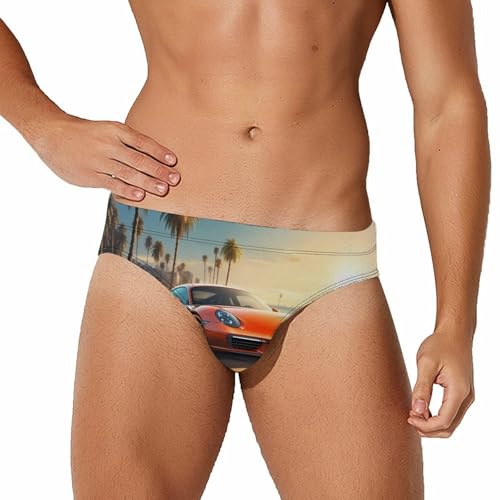 Sport Car Beach Sunset Men's Swim Briefs Sexy Bikini Swimsuit Beach Shorts Underwear Low Waist