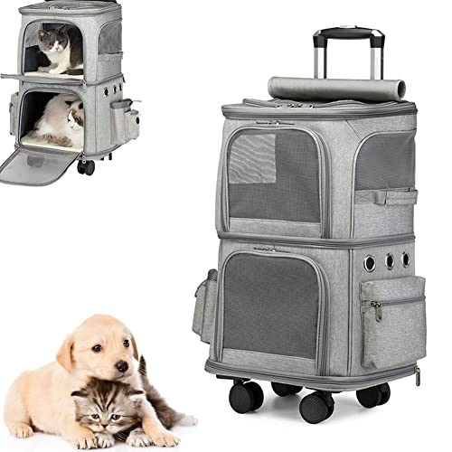 Mochila para Gatos, Mochila para Gatos para 2 Gatos Mochila de Viaje para Gatitos Transpirable de Doble Capa Mochila con Ruedas para Mascotas Cochecito para Mascotas (Color : Light Grey)