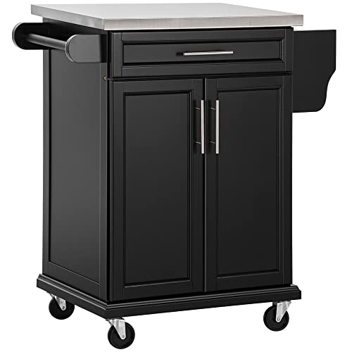 HOMCOM-Kitchen-Island-on-Wheels-Rolling-Kitchen-Cart-with-Stainless-Steel-Countertop-Drawer-Towel-Rack-and-Spice-Rack-Utility-Storage-Trolley-Black HOMCOM Kitchen Island on Wheels Rolling Kitchen Cart with Stainless Steel Countertop Drawer Towel Rack and Spice Rack Utility Storage Trolley Black