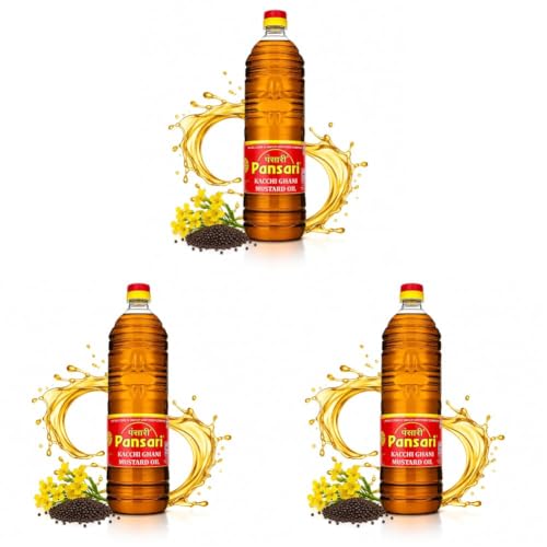 Image of Pansari Kacchi Ghani Mustard Oil 900ml | Cold Pressed & Naturally Extracted | Fortified with Vitamin A & D | Rich in Omega 3 & 6 | Ideal for Cooking, Skin & Hair Care (900-ML) (Pack of 3)