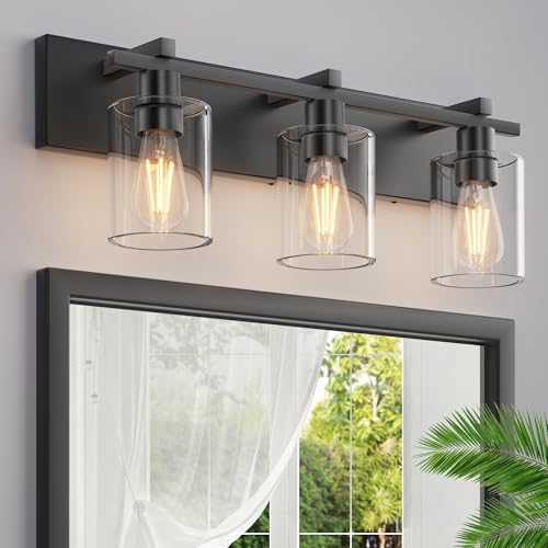 Image of Bathroom Vanity Light,3 Light Matte Black Light Fixture with Thickened Clear Glass Shade, 21 inch Dimmable Modern Wall Sconce, Bathrooms Vanity Light Over Mirror for Bathroom