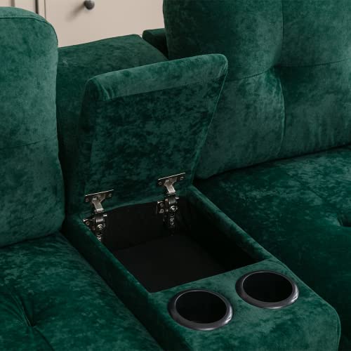 Kevinplus 89'' Sectional Sofa Couch With Chaise Lounge For Living Room, Modern 3-Seat Upholstered Tufted Cozy Storage Sofa Couch With Cupholder For Apartment Office, Polyester Fabric, Emerald #TOP5