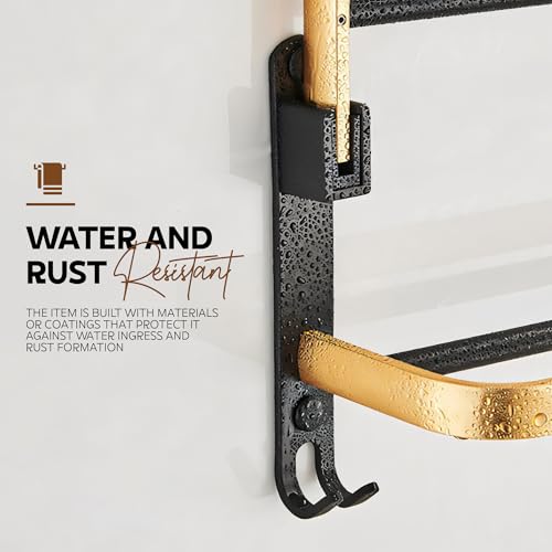 Image of MIORAH 24 Inch Foldable Aluminum Towel Rack for Bathroom - Wall Mounted Double - Tier Towel Holder with Rod & Hooks | Rustproof Black