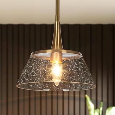 classy leaves Gold Pendant Lights Kitchen Island, Kitchen Pendant Lighting Over Island with Seeded Glass, 9 Inch Modern Plating Brass Pendant Light Fixtures