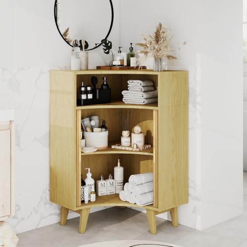 Image of Fluted Corner Cabinet with Open Storage, Modern Floor Cabinets with Sliding Doors and 2-Tier Shelves, Freestanding Narrow Organizer for Small Space,Living Room, Dining Room,Natural