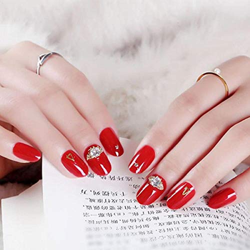 24Pcs / Box Round Head Vollständige gefälschte Nägel mit 3D Glitter Shining Bridal Wedding Red Short Fake Drücken Sie auf Nägel