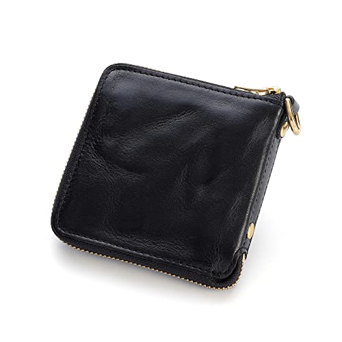 IJUN Handmade Vintage Men’s Bifold Zipper Wallet - Full Grain Oil Vegetable Tanned Cowhide Leather (Black)