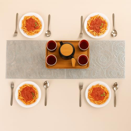 Image of Homerz Premium Table Runner, PVC, Size- 92x34 cm | Waterproof, Heat Resistant, Non-Slip, Easy to Clean Soft Table Runner for Coffee Table, Dining Table and Centre Table. (Silver Circles)