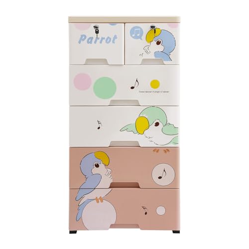 Storage Cabinet with 6 Drawers Closet Drawers Tall Dresser Organizer with four Plastic wheels ?Small Drawers with Locks Detachable Design for Clothes ,Playroom,Bedroom Furniture (parrot pattern)