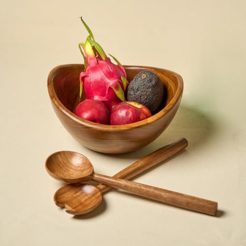 DREAMY WALLS Wood Salad Bowl Set with Servers Handcrafted Mixing and Serving Bowl Rustic Boho Kitchen Bowl Set Home Decor