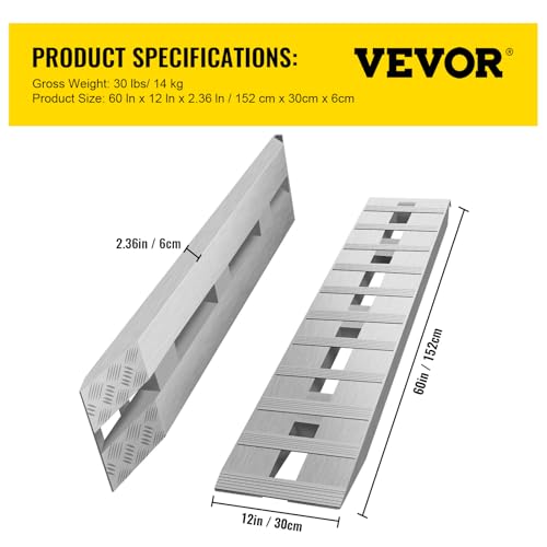 BestEquip 60'' X 12'' Aluminum Trailer Ramps 6000LBS Total Beavertail Hook End 1 Pair 2 Ramps Silver