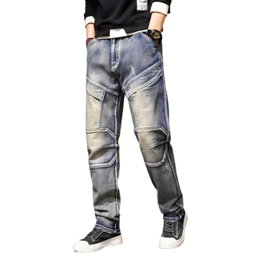 Straight Leg Stretch Denim Pants for Men Washed Relaxed Fit Jeans with Multi Pockets 29-44