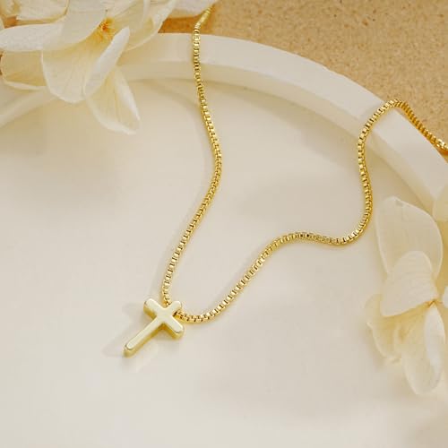 Gold Cross Necklace for Women, Trendy 14K Gold Plated Charm Box Chain Choker Dainty, Christian Religious Faith Small Cross Pendant Necklace Non Tarnish 5