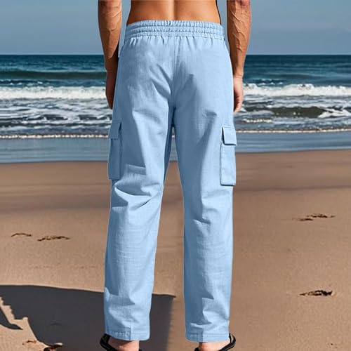 Linen Cargo Pants Men Baggy Casual Lightweight Drawstring Elastic Waist Pants Summer Big and Tall Beach Trousers4