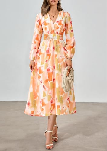 PRETTYGARDEN Women's Floral Midi Dress Casual Fall V Neck Long Sleeve Flowy Spring Beach Wedding Guest Vacation Dresses