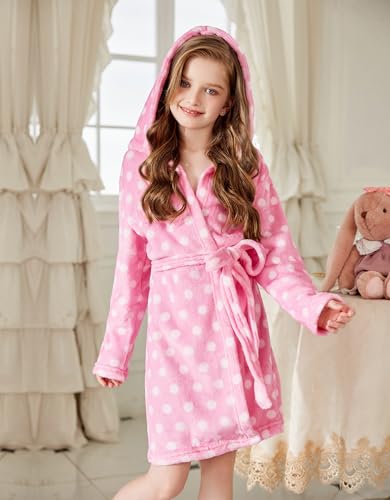 Arshiner Boys Girls Flannel Bathrobes Soft Fuzzy Hooded Robe Sleepwear with Belt for Kids3
