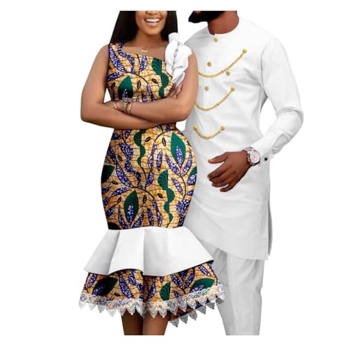 African Slim Print Lace Pearl Dresses for Women Matching Couple Outfits Men Clothes Chain Top and Pant Sets