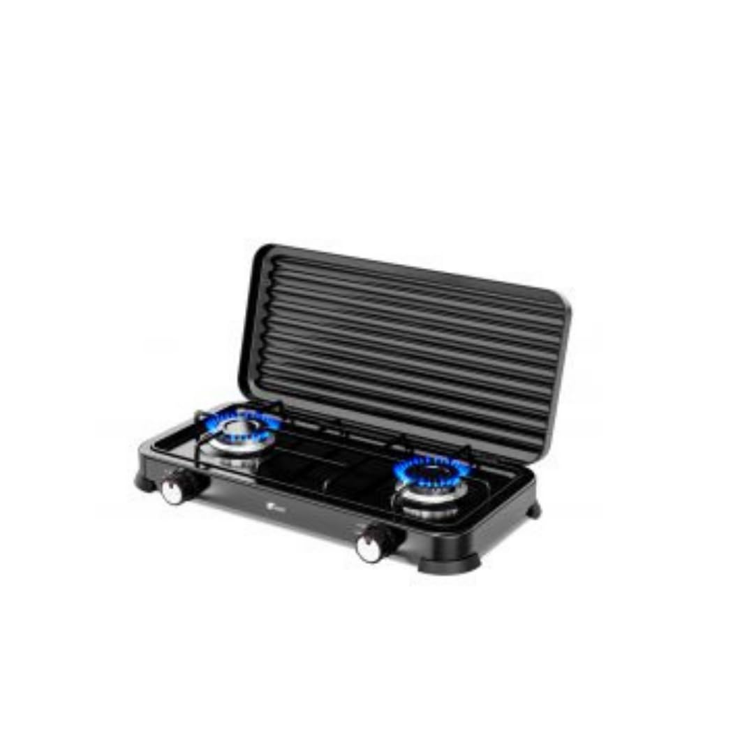 Cocina de Gas Portátil 2 Fuegos con Parrilla y Tapa Extraíble – Compatible con Butano y Propano – Ideal para Camping, Caravana y Exterior – Compacta, Segura y Fácil de Limpiar