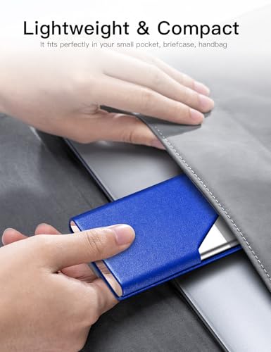 Image of Padike Business Card Holder, Upgraded Leather Business Card Case Pocket Card Holders for Men or Women, Metal Slim Name Card Holder RFID Blocking Business Card Carrier with Magnetic Closure (Y-BU)