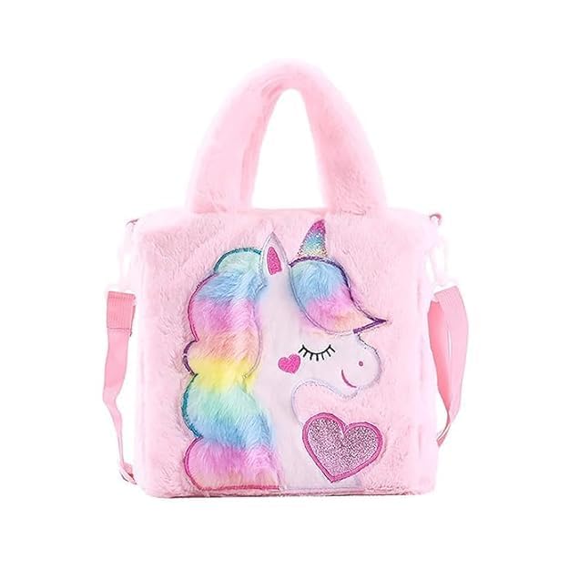 Classy Bag Pink Unicorn Plush Backpack for Girls | Soft Furry Kids School Bag with Rainbow Mane & Heart | Cute Cartoon Shoulder Bag for Toddlers & Children