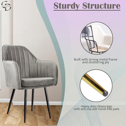 Image of Velvet Accent Chair | Luxury Upholstered Armchair with Sturdy Metal Legs | Modern Comfortable Chair for Living Room, Bedroom, Office, or Cafe (Black Legs, Grey)
