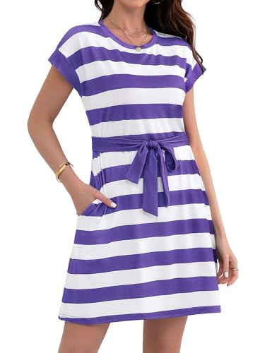 Wsheliu Summer Dresses for Women 2025 Purple and White Striped Cap Sleeve A Line Scoop Neck Dress with Pockets Loose Casual Dresses Purple 2XL