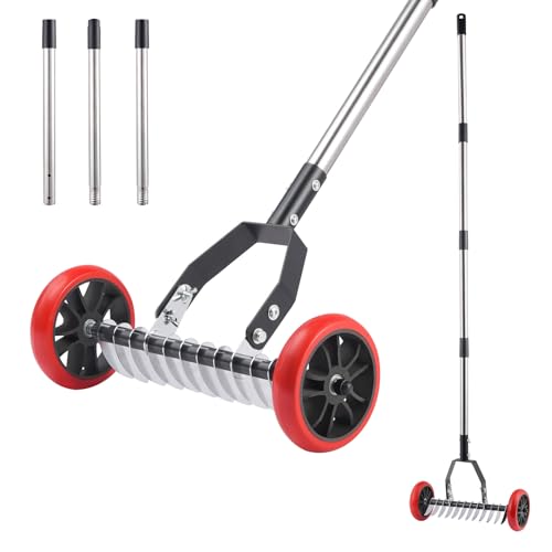Donken Lawn Scarifier, Rolling Garden Rake for Leaves Moss Removal Leaf Raker Roller for Lawn Care, Efficient & Easy to Assemble