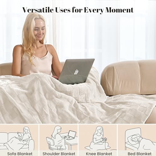 Image of IUUI Heated Blanket Electric Throw Checkered- 50x60 Inches Soft Flannel Heating Blanket,Fast Heating Blanket 6 Heating Levels & 2 Hours Auto Off ETL Certification (Cream White)