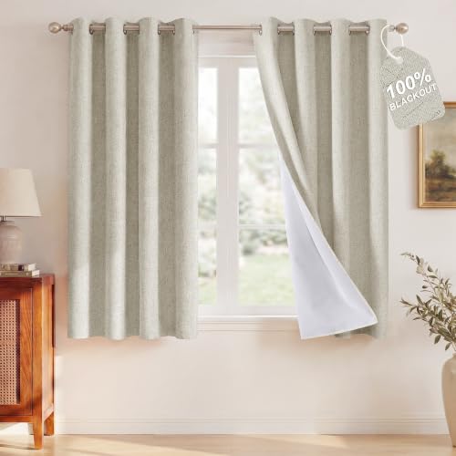 Image of NICETOWN 100% Blackout Linen Ivory Curtains 63 inches Long, White Liner Composite Grommet Bedroom Window Treatments Relax Home Decor Thermal Drapes for Farmhouse, 2 Panels, W52 x L63